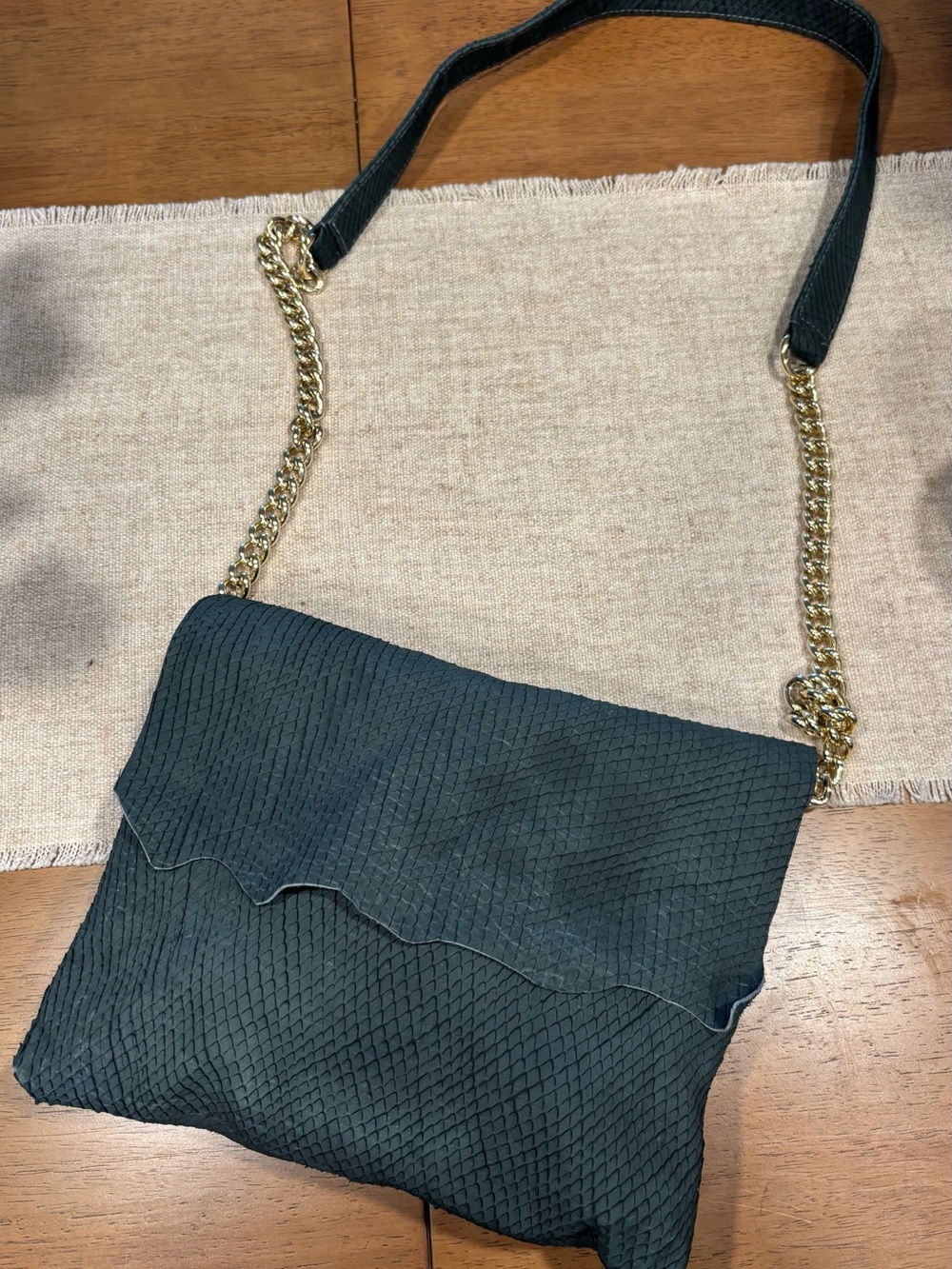 Zina Eva Blue Leather  Textured Crossbody with Gold Chain Strap